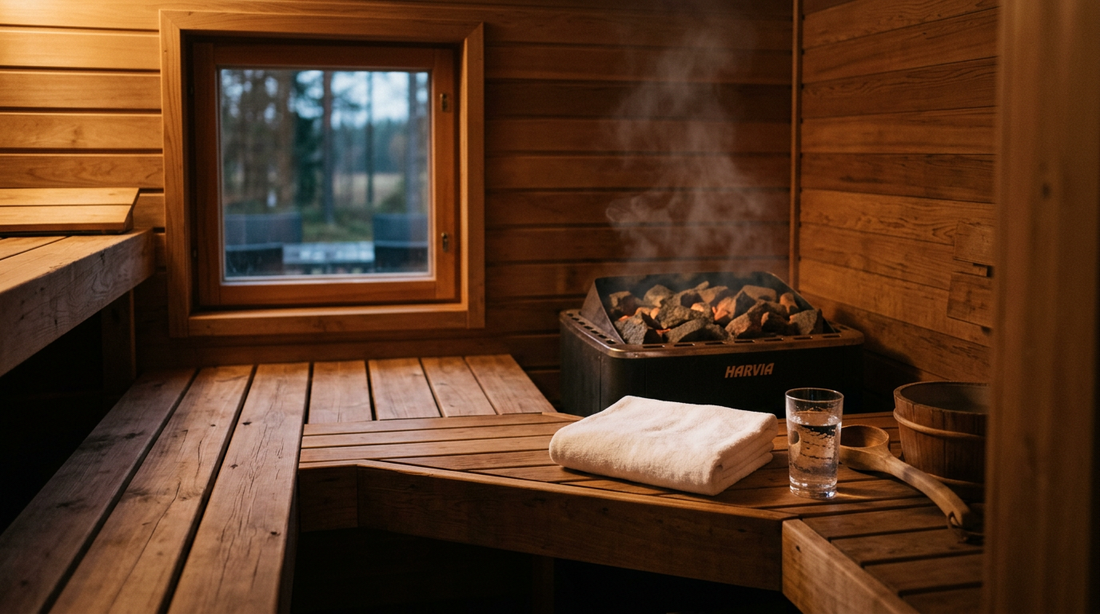 Warm cedar sauna interior with steam and linen towel — LEXLETIX