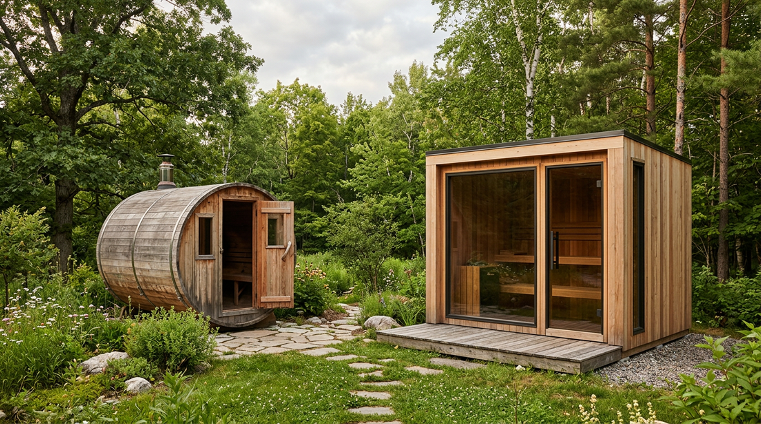 Cedar barrel sauna and cabin sauna side by side — LEXLETIX comparison