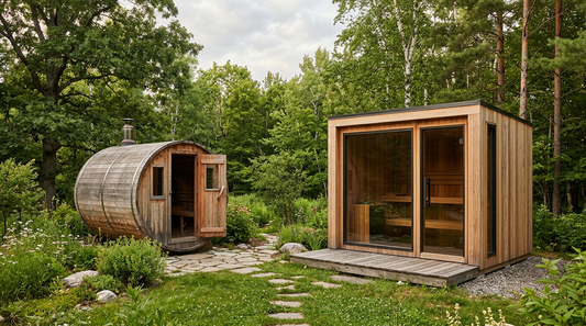 Cedar barrel sauna and cabin sauna side by side — LEXLETIX comparison