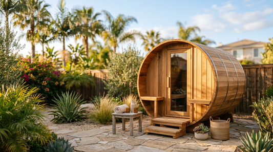 Cedar barrel sauna in a Southern California backyard with palm trees — LEXLETIX