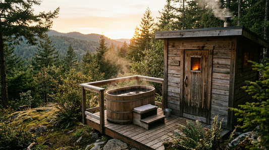Cedar sauna with cold plunge tub at golden hour — LEXLETIX contrast therapy setup