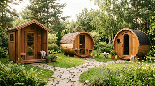 Three cedar sauna styles — barrel, cabin, and pod — in a garden setting — LEXLETIX