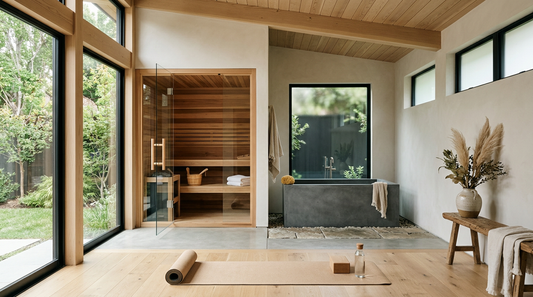 Modern home wellness space with cedar sauna and cold plunge — LEXLETIX
