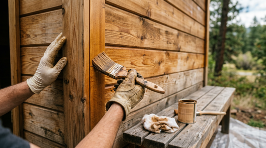 Applying protective stain to cedar sauna planks — LEXLETIX maintenance guide