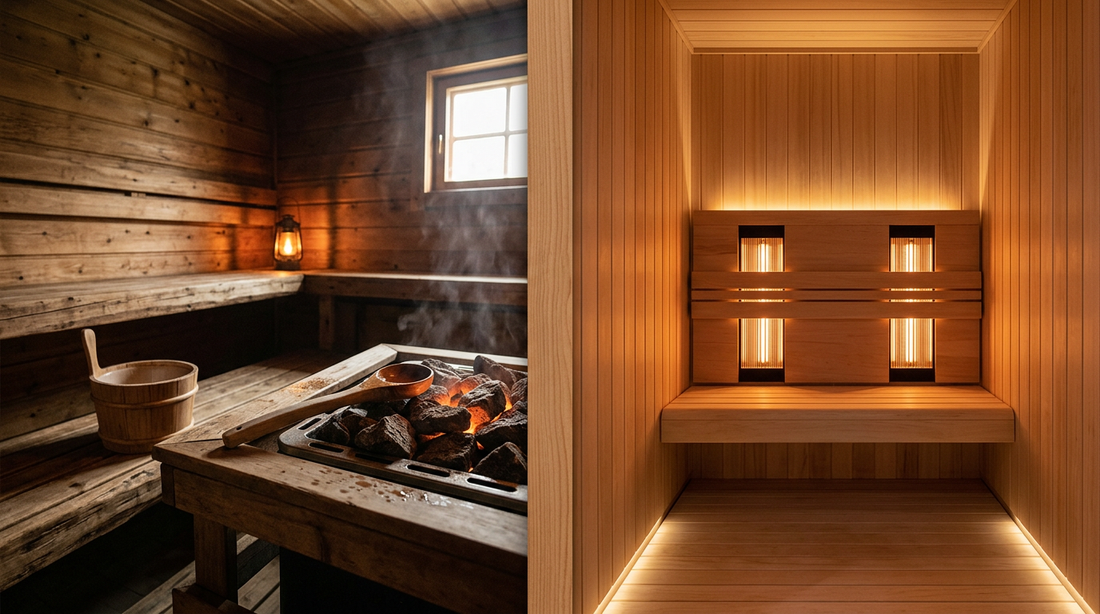 Traditional sauna heater and infrared sauna panels side by side — LEXLETIX