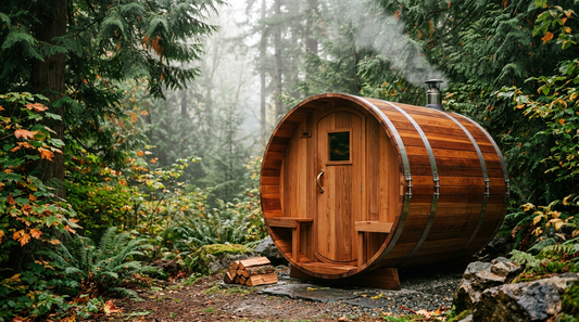 Premium cedar LeisureCraft barrel sauna in a forested backyard — LEXLETIX
