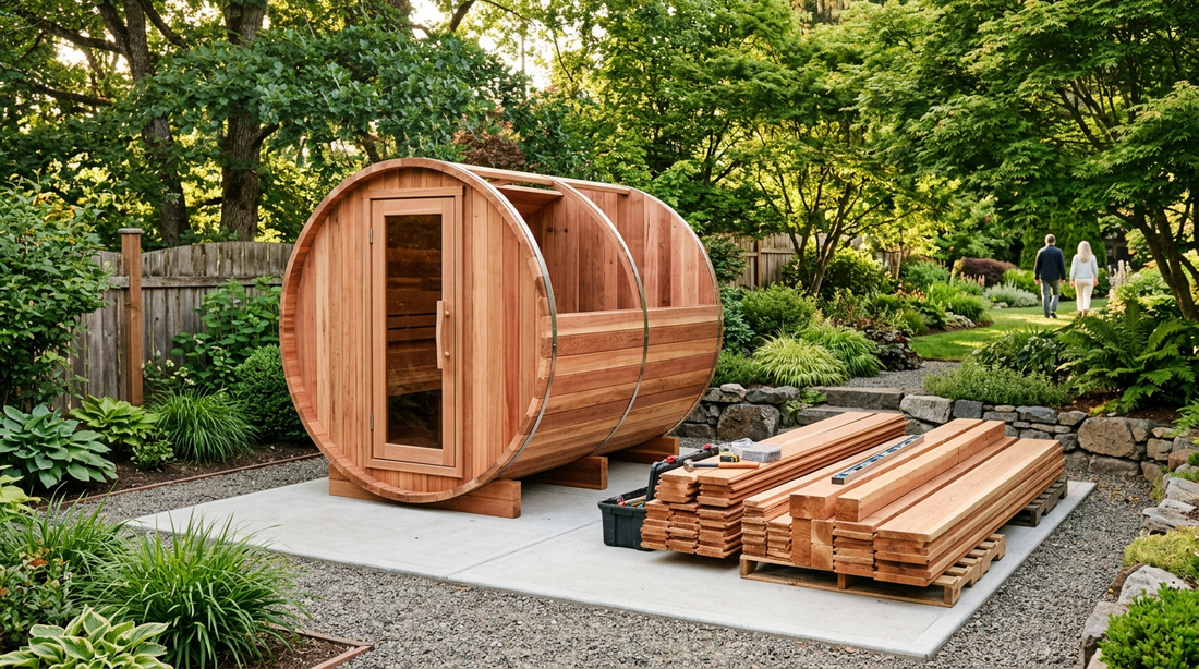 Cedar sauna panels staged for installation on a concrete pad — LEXLETIX