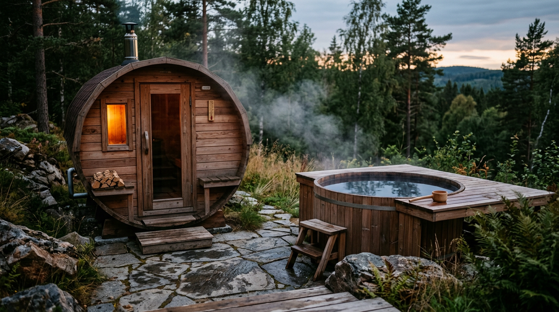 Cedar sauna and cold plunge tub with steam at evening — LEXLETIX recovery setup