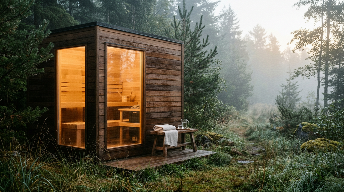 Cedar outdoor sauna glowing at early morning with mist — LEXLETIX
