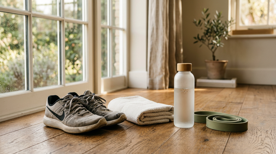 Minimalist home fitness setup with shoes, towel, and water — LEXLETIX