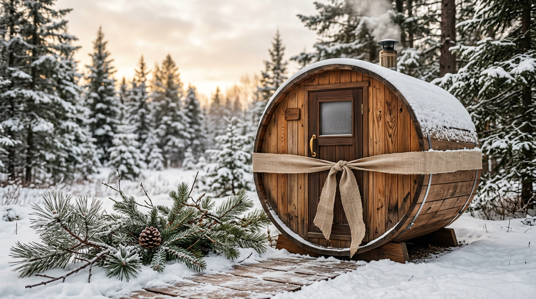 Cedar outdoor sauna styled as a wellness gift with linen ribbon — LEXLETIX
