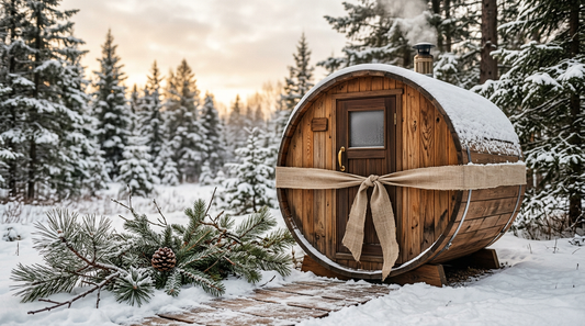 Cedar outdoor sauna styled as a wellness gift with linen ribbon — LEXLETIX